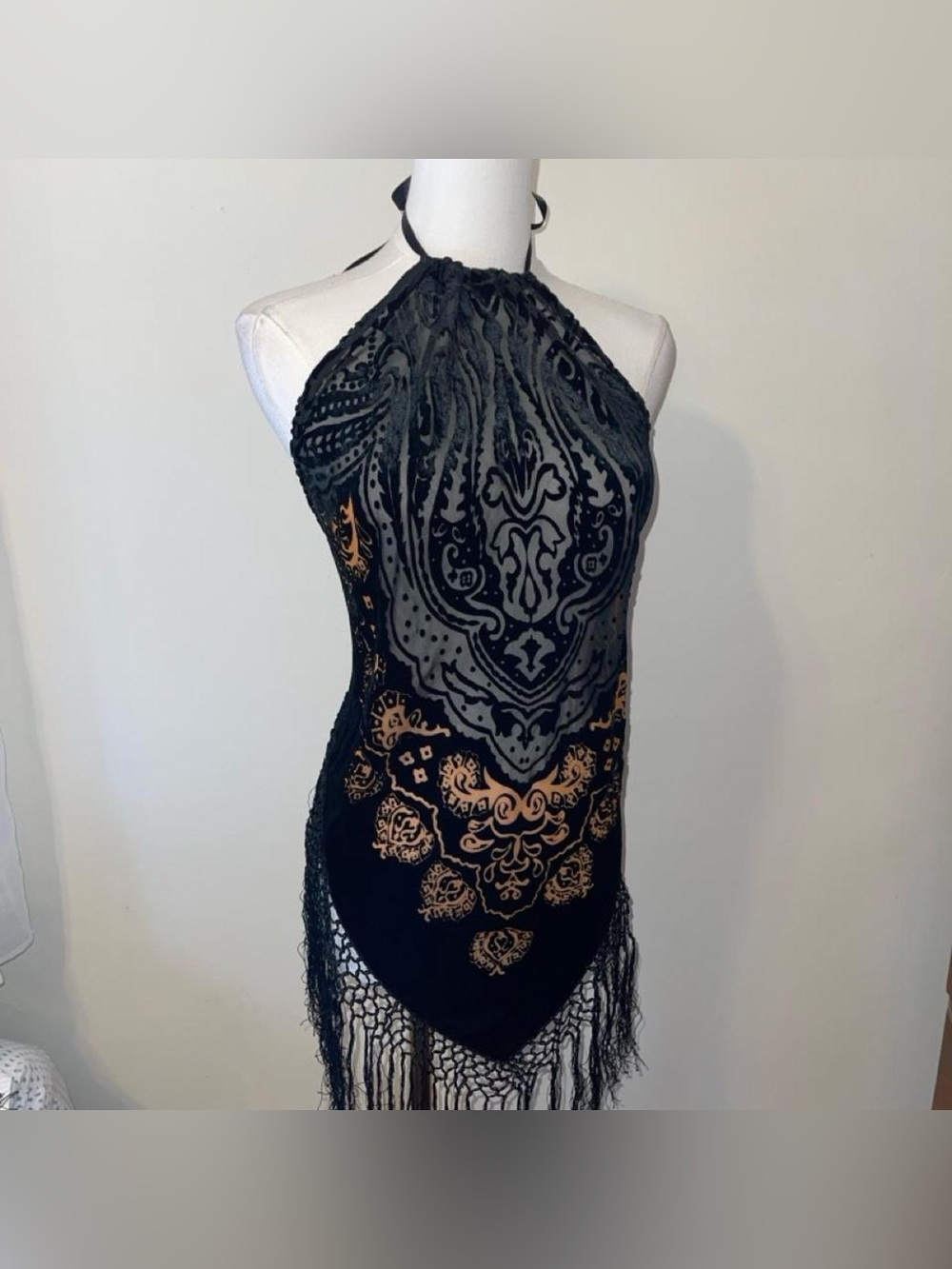 Silk and burnt velvet fringy halter top
